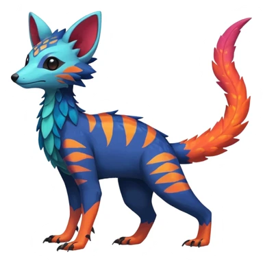 Rare realistic exotic edgy epic pretty beautiful handsome gorgeous aesthetic colorful vibrant Vernid-Trico-species-Fakemon-creature by LiLaiRa, 4 legs, 1 tail, random markings, (full body) sticker