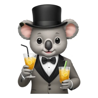 koala wearing suit, bowtie and top hat, holding a glass of drink sticker
