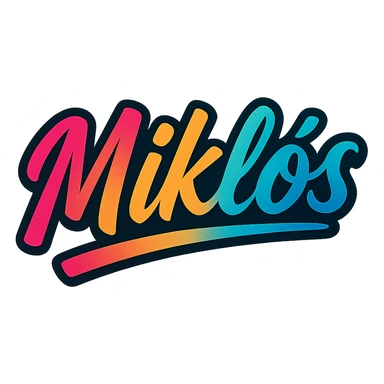 The name 'Miklós' in a modern, colorful gradient font with a dark outline, on a transparent background, with the name underlined or partially underlined dynamically with a slanted underline, in the style of the sample images. sticker