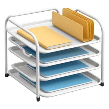 A minimal, clean emoji-style illustration of a white metal desk paper organizer tray, shown in slight isometric view so its structure is readable at a small scale. The organizer is rectangular with rounded corners, made of thin white metal wires, forming two to three stacked horizontal slots.
 sticker