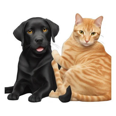 blonde orange tabby cat playing with black lab sticker