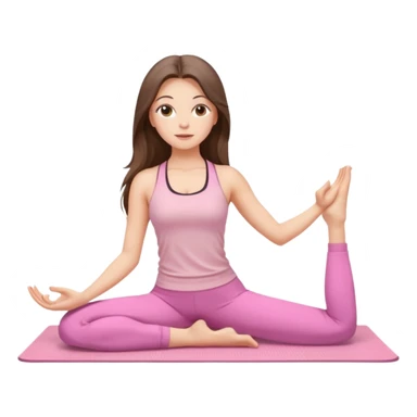 white brunette girl long hair with hazel eyes in light pink workout clothes stretching on a yoga mat sticker