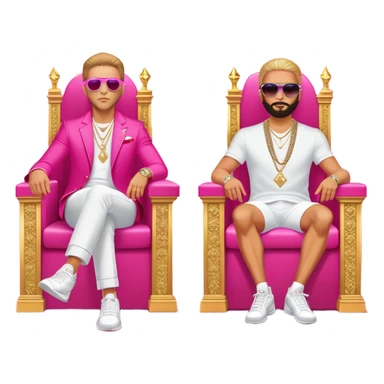 Celebrity millionaire entrepreneur Branden Condy & Alex Hormozi, designer fit, 3 diamond tennis chains, seated on a massive gold throne, sunglasses on, hot pink private jet behind him sticker