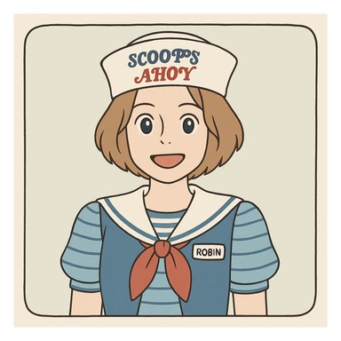 Robin Buckley from Stranger Things, iconic look: Scoops Ahoy uniform, short hair, fun expression, simple line art, light pastel tones, thick outlines, in Ghibli style, square 1:1 format. sticker