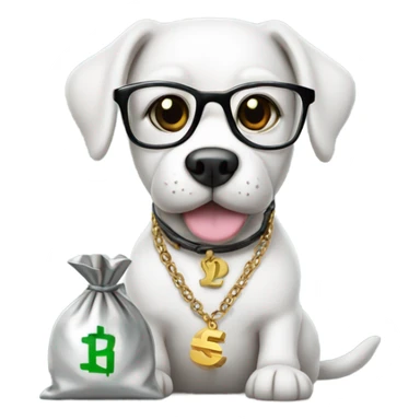 Dog with glasses and a silver necklace with a money bag sticker