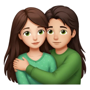 Girl and boy couple Both peach skin and darkish brown hair, give girl freckles HUGgING EMOJI give girl long hair, green brown eyes too sticker