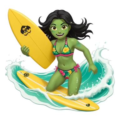 ork female holding small yellow bodyboard, running through shallow turquoise waves, muscular green body, bright floral bikini, fierce joyful grin showing tusks, long wet dark hair splashing, foam and spray, minimalist beach and ocean background, centered emoji, vibrant summer colors, sticker style sticker