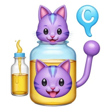 Smiling bottle of oil light purple top and light blue sticking tongue out and with cat ears sticker