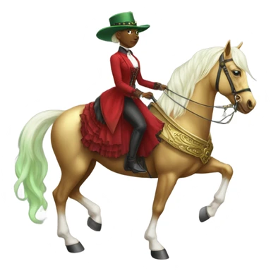 "galora green blonde alien woman" in victorian red, elegant dress, full body, rides golden and white "horse"
 sticker