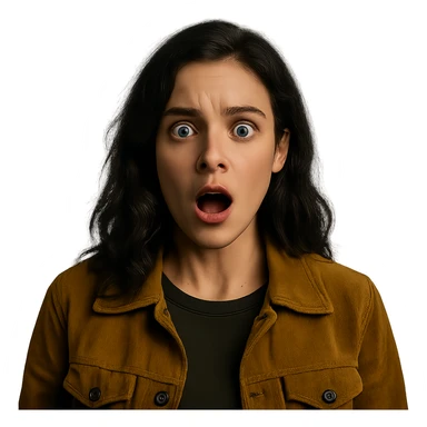 Create a centered portrait of the same woman with a surprised expression, transparent background, in the style of a Netflix series. sticker