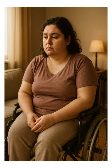 Donna con problemi difficoltà  nella mobilità che si isola a causa della sua PCOS, immagine realistica sticker