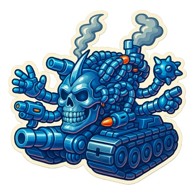 Edit the skull robot tank to have 4 distinct arms, each hand holding a different weapon. All metal parts should be shiny greyscale, with some non-metal elements featuring vibrant color accents. Maintain the retro stickers style with a clean outline and transparent background. sticker