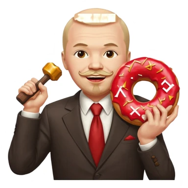 Ленин в костюме с удовольствием кусает огромный пончик-донат красного цвета, на котором нарисованы серп и молот sticker