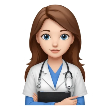 university classroom that says nursing school on the blackboard with a pretty female nursing student with long brown hair, blue eyes sticker