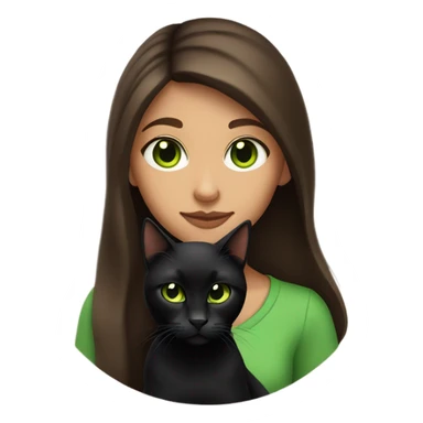 Girl with long brown hair and green eyes holding an all black cat sticker