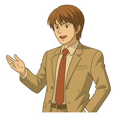 Light Yagami in Ghibli style, standing with one arm extended forward, as if offering something, transparent background. sticker