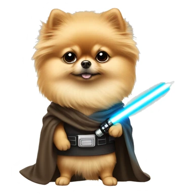 Pomeranian dressed as Luke Skywalker holding a lightsaber sticker