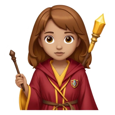 Girl with Curry Brown hair and a gryffindor Robe and a small wooden wand and light Skin sticker