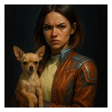 Futuristic style woman with tanned skin, freckles, rebellious expression, pale yellow shirt (#FFF8CA), rust jacket, mid-length brown hair with auburn highlights, holding a beige-brown chihuahua, dark background. sticker