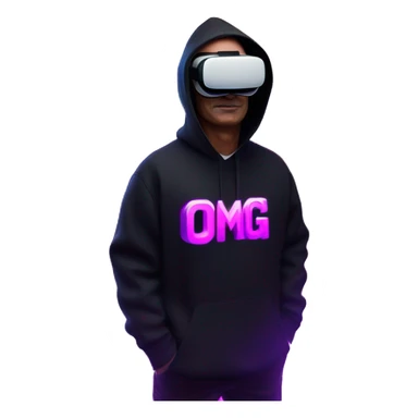 Putin wearing a black hoodie with "OMG" letters on it and VR headset oculus quest 2 in a cyberpunk VR environment with violet neon lighting. sticker