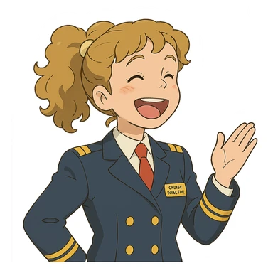 ghibli style girl cruise director with curly dirty blonde hair in a ponytail, very happy sticker