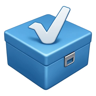 A blue box  and a white tick 1d sticker