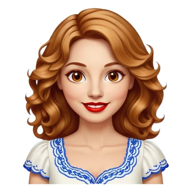 Artistic woman in her 40s with bright complexion, round face, big lively light brown eyes, wide friendly smile, vibrant red lips, voluminous wavy dark blonde hair with highlights to shoulders, white summery dress with blue embroidery and electric blue neckline sticker