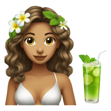 brunette tanned girl with highlights, long lashes and a flower on her hair at the beach drinking a mojito sticker
