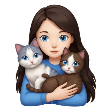 a girl with long dark 
brown hair, with blue eyes, hugs 3 different natural coloured cats sticker