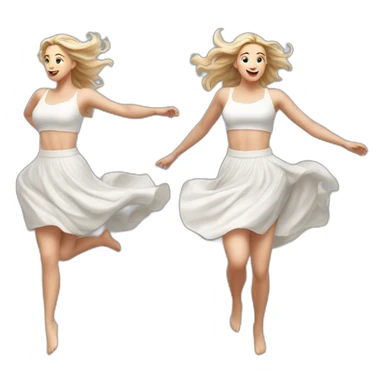 Hyperrealistic Full body Caucasian curvy beauty jumping white skirt back and front views strong wind sticker