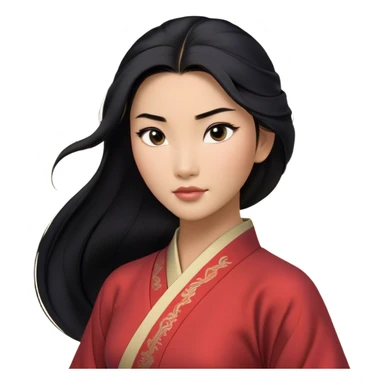 Cinematic Realistic Mulan Portrait, depicted with lifelike skin texture, soft natural lighting, and intricately detailed long black hair styled elegantly. Her deep, expressive eyes exude determination and grace, complemented by a serene yet confident expression. She is dressed in her classic attire, with rich fabric textures and delicate folds that catch the light beautifully. The portrait features a soft, enchanting glow with a natural, radiant finish, capturing the essence of timeless strength and beauty in a realistic and painterly style, evoking a sense of depth and authenticity. sticker