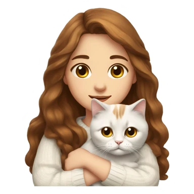 a girl with long brown hair, in a white sweater, hugs a Scottish fold cat. sticker