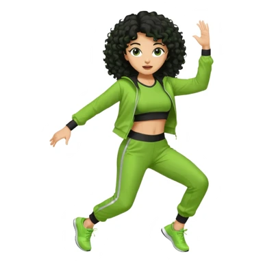 a woman with olive skin tone and curly black hair wearing green and dancing. full body, disco pose. running outfit sticker