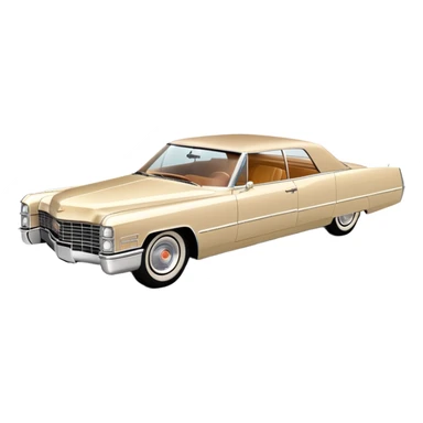 Streamlined beige 1966 Cadillac DeVille, minimal design language, 30-degree view showing simplified front and side, Once Upon a Hollywood reference, iOS emoji style sticker