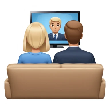 A man and a women photographed from behind, sitting on a sofa and watching the news on TV on a modern flat screen. The setting is a living room. sticker