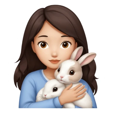 A young Asian woman with dark brown, almost Asian girl with dark brown hair, brown eyes, light Asian skin, hugging a white rabbit with light brown spots, soft and warm atmosphere.
  sticker