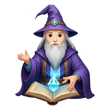 An icon representing an adventure game, inspired by mystical fantasy. The design features a wise and powerful wizard floating above an ancient spellbook, arcane runes glowing beneath him. The swirling cosmic background hints at deep magical knowledge, adventure, and untold power. Transparent background. sticker