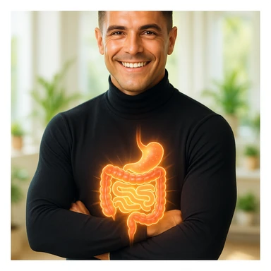 Create a semi-realistic, wellness-themed image of a fit 30-year-old man inspired by the reference image. Show a glowing stylized healthy intestine with a vibrant and clean gut. The man is smiling and radiating health. The background is a bright minimalistic health clinic or natural setting with soft natural lighting, conveying wellness and vitality atmosphere. sticker