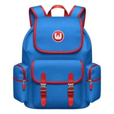 blue backpack with two diveded logo (leftside white, right side red) at the bottom pocket

 sticker