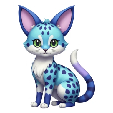 Exotic tropical shiny cute realistic Cobalt-Blue green purple black white Purloin-Meowstic-Minccino-Cinccino-cheetah-Skitty-Delcatty-serval-furret-Noibat-caracal-fusion-hybrid-creature (full body) sticker