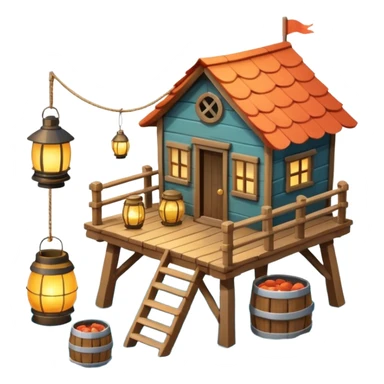 
fisherman house on a wooden pier, small dock, fishing nets hanging, barrels, lantern, ocean vibe, 3D cartoon, cute mobile game icon, clean background, no text
 sticker