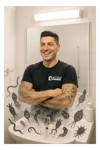 a man stands in a brightly lit bathroom, looking relieved and revitalized as he examines his reflection in the mirror. In the foreground, stylized, shadowy images of parasites (such as worms or protozoa) are shown leaving his body, dissolving into mist or fading away. His posture is upright and his expression is one of newfound energy and health. sticker