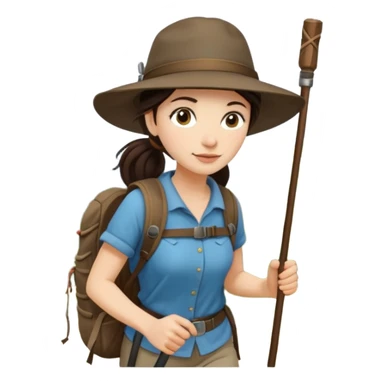 White women, long dark brown hair in ponytail with wide brim hiking hat. Walking with backpack and trekking poles.  She is a pilgrim on the Camino Frances on her way to Santiago de Compostela sticker
