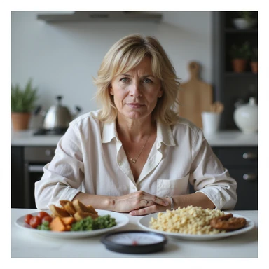 adult woman, photorealistic, yo-yo diet effects, alternating expressions of hope and disappointment, sitting at table with alternating plates of healthy food and junk food, scale showing weight fluctuations, natural light, kitchen background sticker