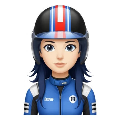 dark blue long hair woman with black racing outfit with blue strips sticker