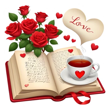 Icon for Romance Reading: an open book with a heart-shaped bookmark, surrounded by roses, a love letter, and a cup of tea, with small hearts and Cupid with bow and arrows flying out of the pages. Transparent background. sticker