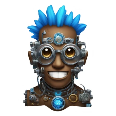Brown cyborg head with blue Mohawk, blue beard, silver steampunk monocle goggles a smile and circuits sticker