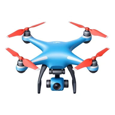 Camera drone sticker, modern quadcopter with 4K camera, sleek design, blue and white color, flat vector style, clean lines, soft shadow, white outline, transparent background sticker