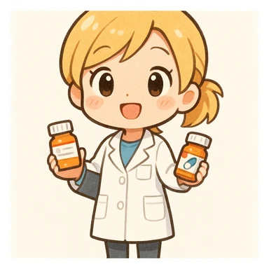 A chibi style young female pharmacist with blonde hair, wearing a white coat, holding a clipboard and a pill bottle, with a bright and friendly expression, full body, cute and colorful illustration. sticker