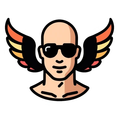 bald man with black sunglasses and wings sticker